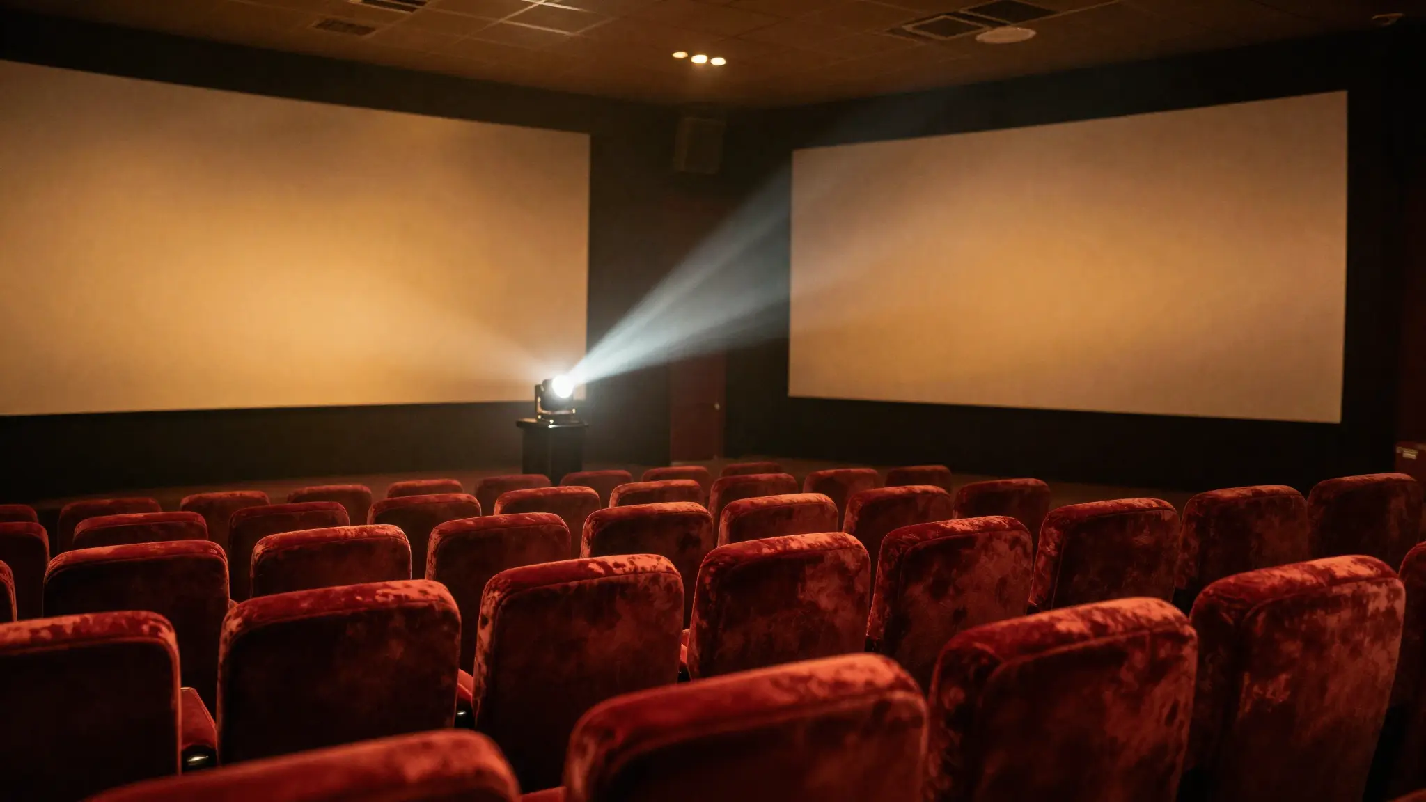 صالة سينما كلاسيكية بمقاعد حمراء وشاشة مضيئة تجسّد عالم الأفلام وتجربة مشاهدة السينما